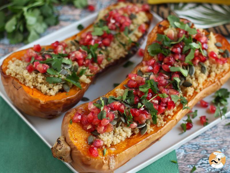 Schotel: Butternut gevuld met quinoa en granaatappel