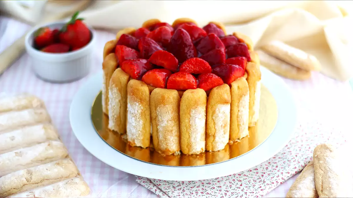 Deze eenvoudige aardbeiencharlotte is duidelijk ons favoriete lentedessert!