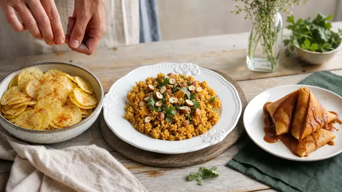 Dagmenu 14 oktober: knapperige aardappelchips, romige quinotto en zoete crêpe-samoesa’s