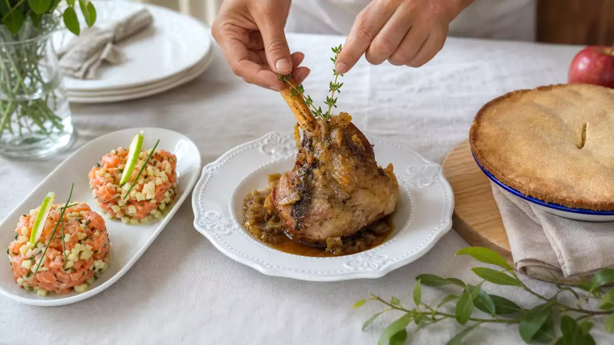 Dagmenu 17 oktober: frisse zalmtartaar, honing-tijmlam en Engelse appeltaart