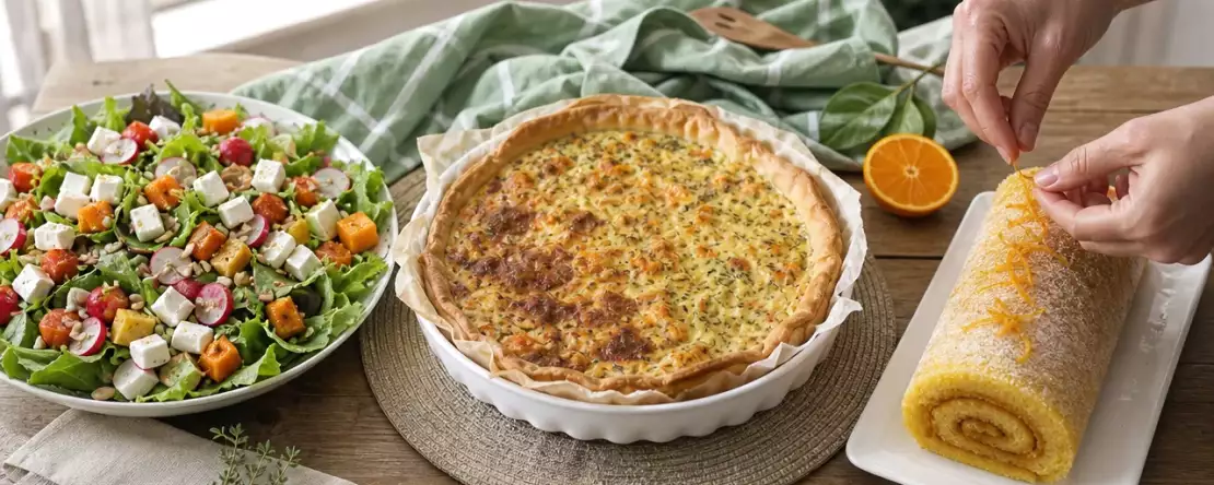 Dagmenu 28 oktober 2026: kleurrijke pompoensalade, hartige quiche en Portugese sinaasappelrolcake