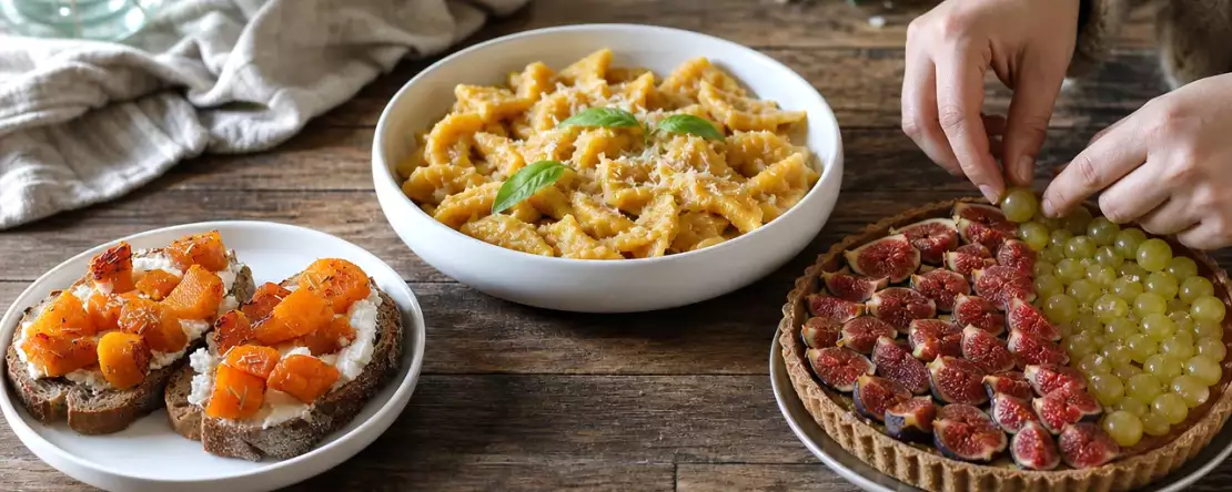 Dagmenu 29 oktober: pompoentoast, verse pompoenpasta en vijgen-druiventaart