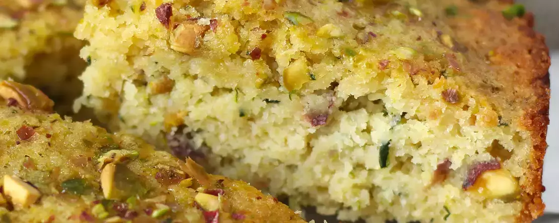 Ultra-vochtige pistache-, limoen- en courgettecake