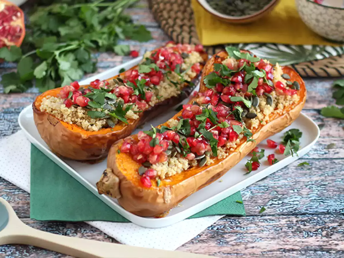 Recept Butternut gevuld met quinoa en granaatappel