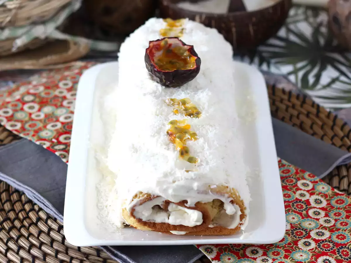 Recept Kokosnoot-passievruchtrol, perfect als yule log