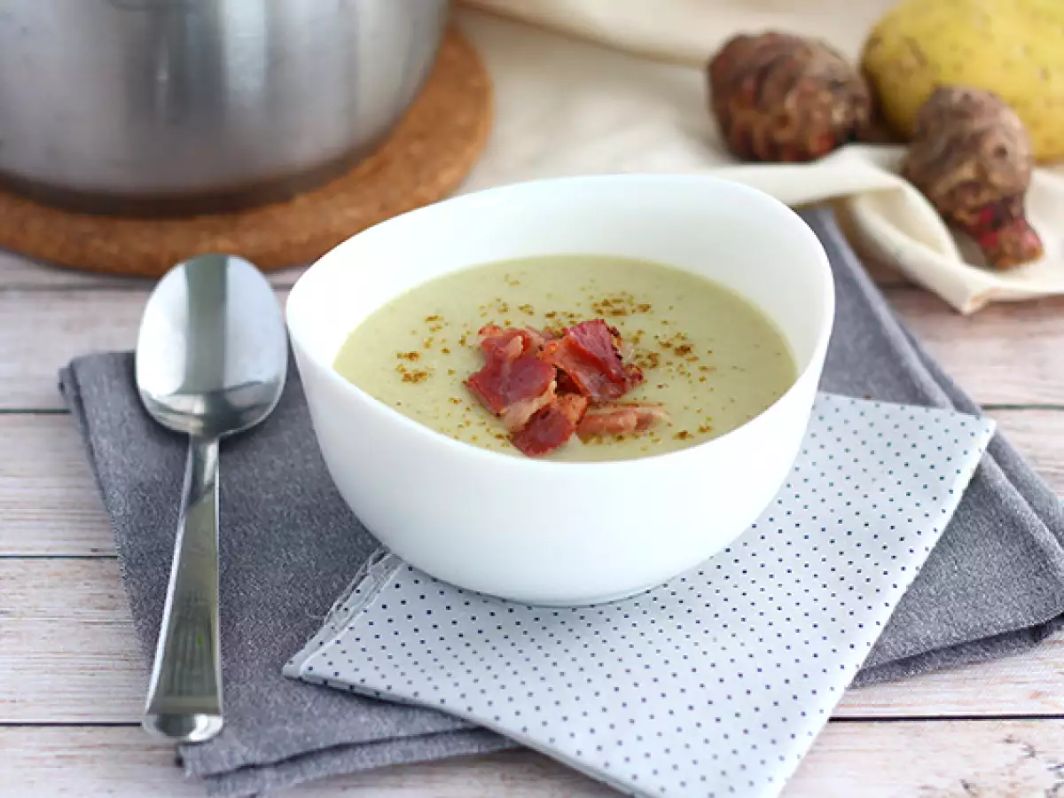 Recept Romige aardpeersoep met aardappel en spek