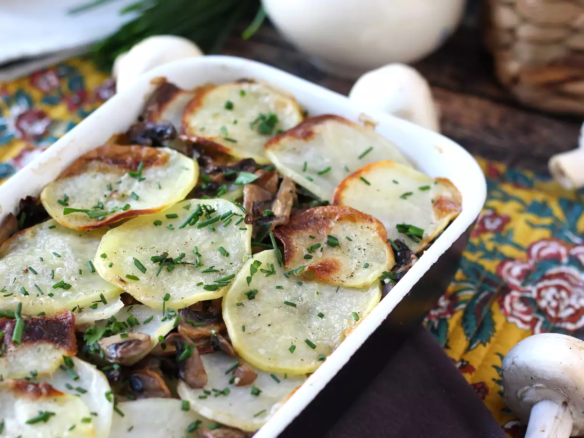 Recept Gratin van aardappelen met champignons