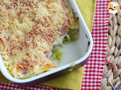 Recept Gegratineerde prei met gekookte ham en kaas