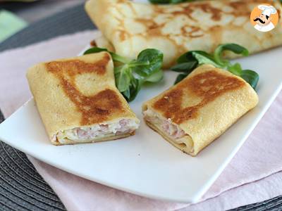 Recept Pannenkoeken gevuld met béchamelsaus, kaas en ham