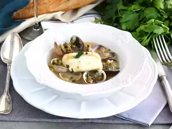 Recept Gestoofde heek met mosselen en erwten