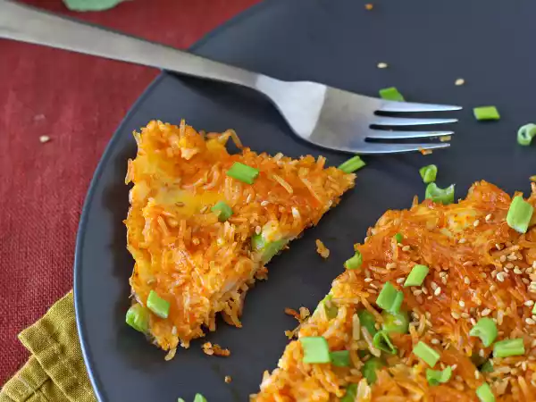 Recept Omelet met krokante rijst en sojabonen, een pittige maaltijd die snel klaar is en geen afval oplevert!
