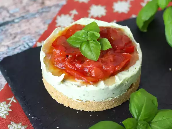 Recept Hartige kaastaart in één portie met basilicum en kerstomaatjes: smakelijk idee voor buffetten en aperitieven