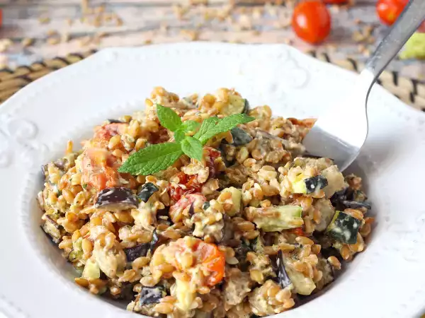 Recept Romige speltsalade met courgettes, aubergines en cherrytomaatjes