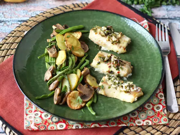 Recept Heilbot uit de air fryer met witte wijnsaus, aardappelen en groenten