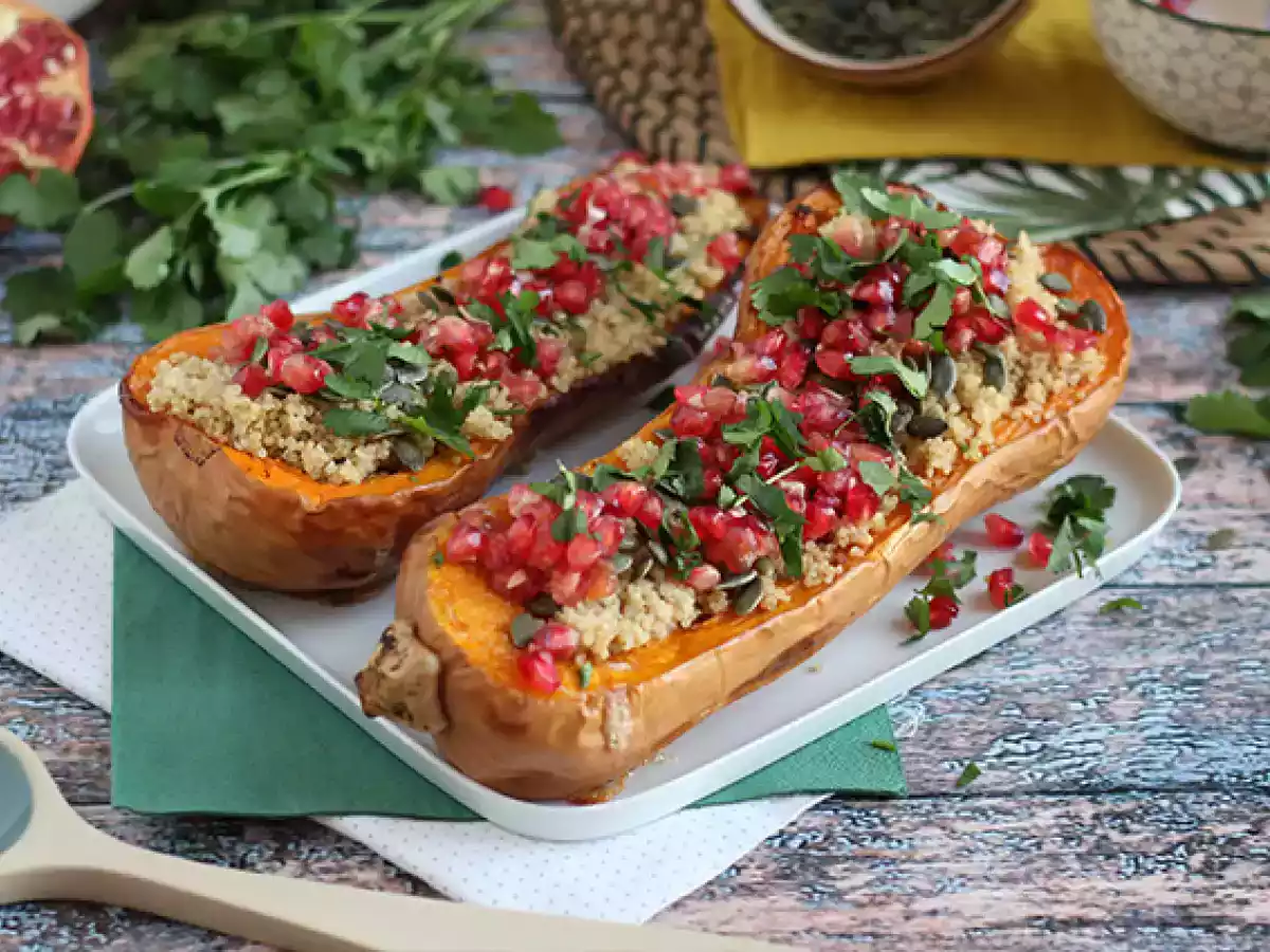 Butternut gevuld met quinoa en granaatappel