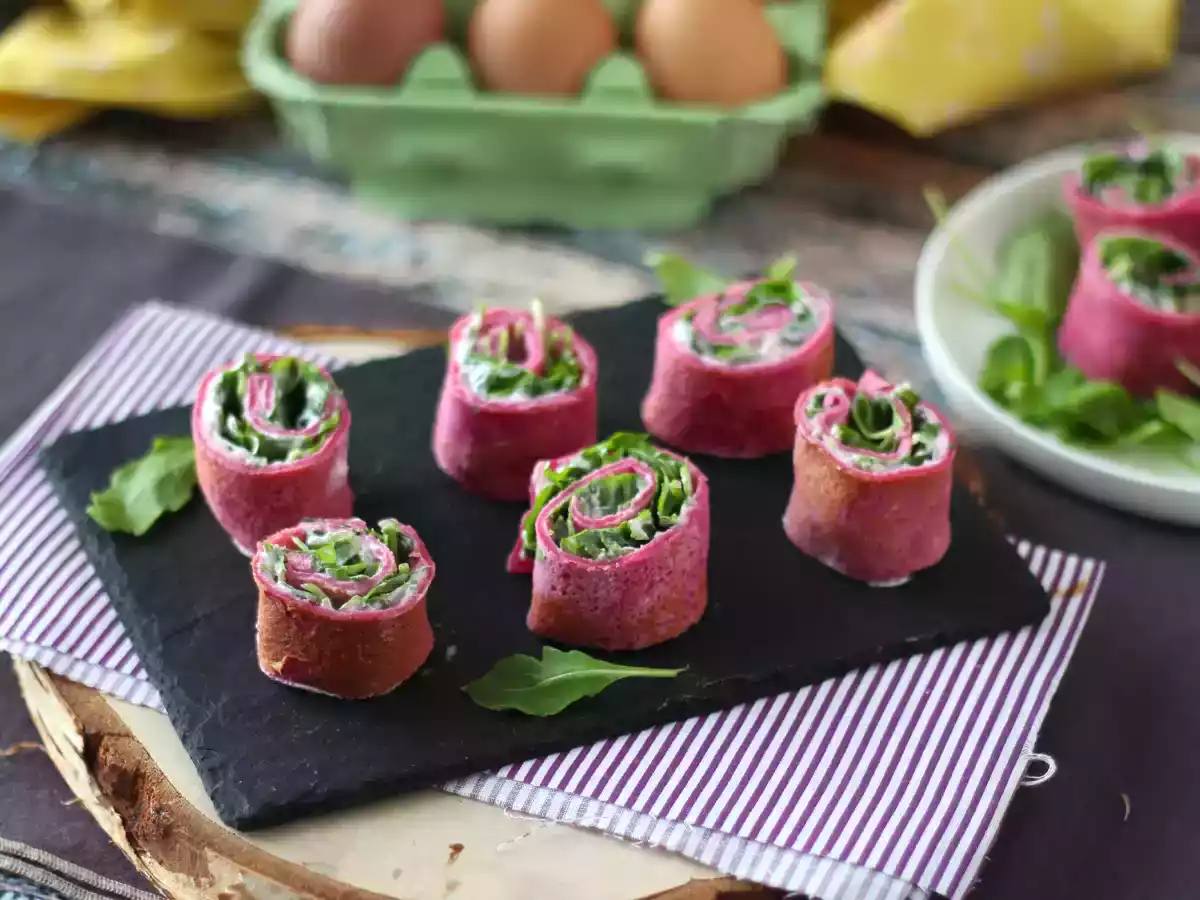 Flensjes van rode biet met ricotta en rucola
