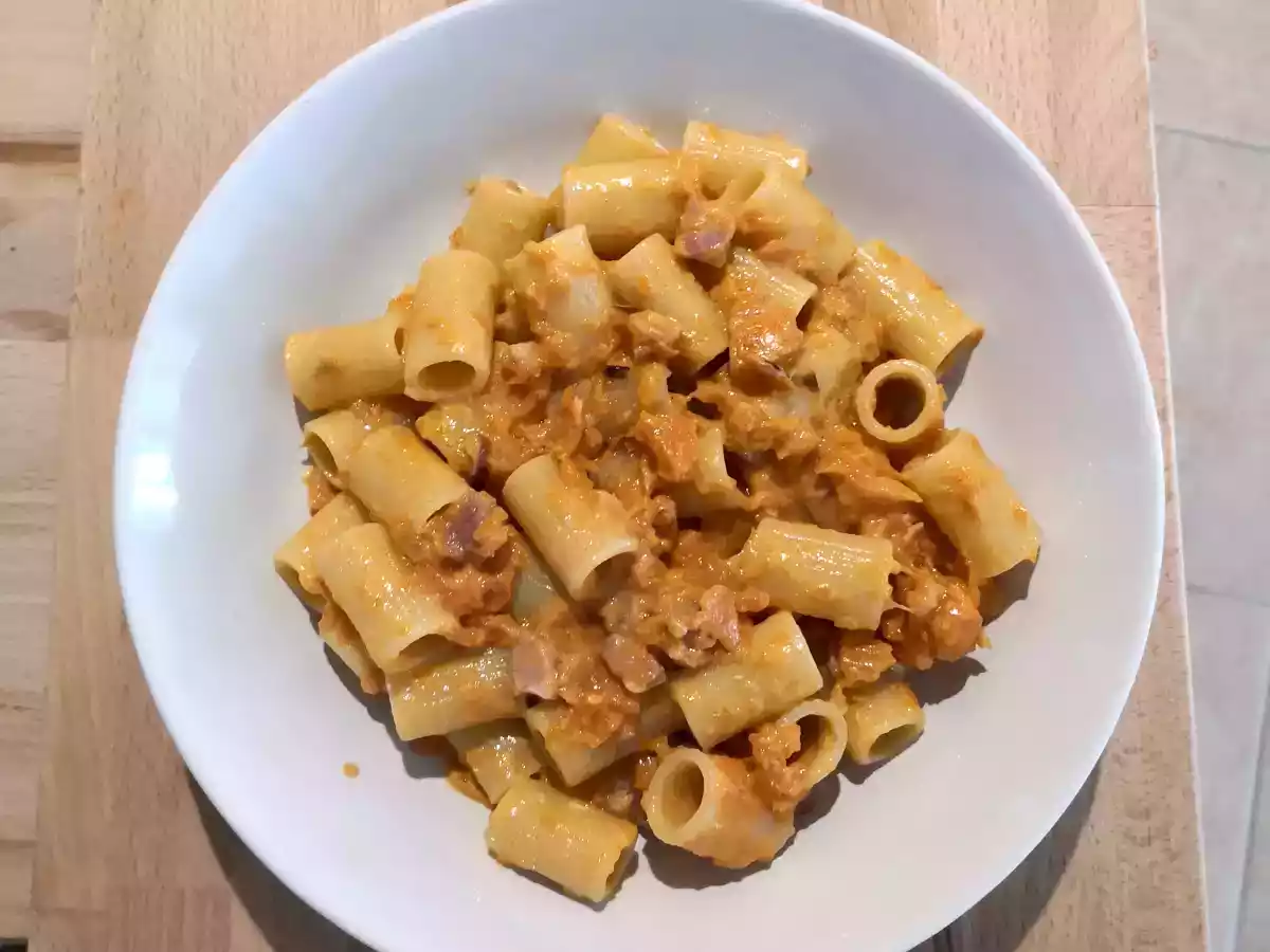 Pasta met pompoen en spek