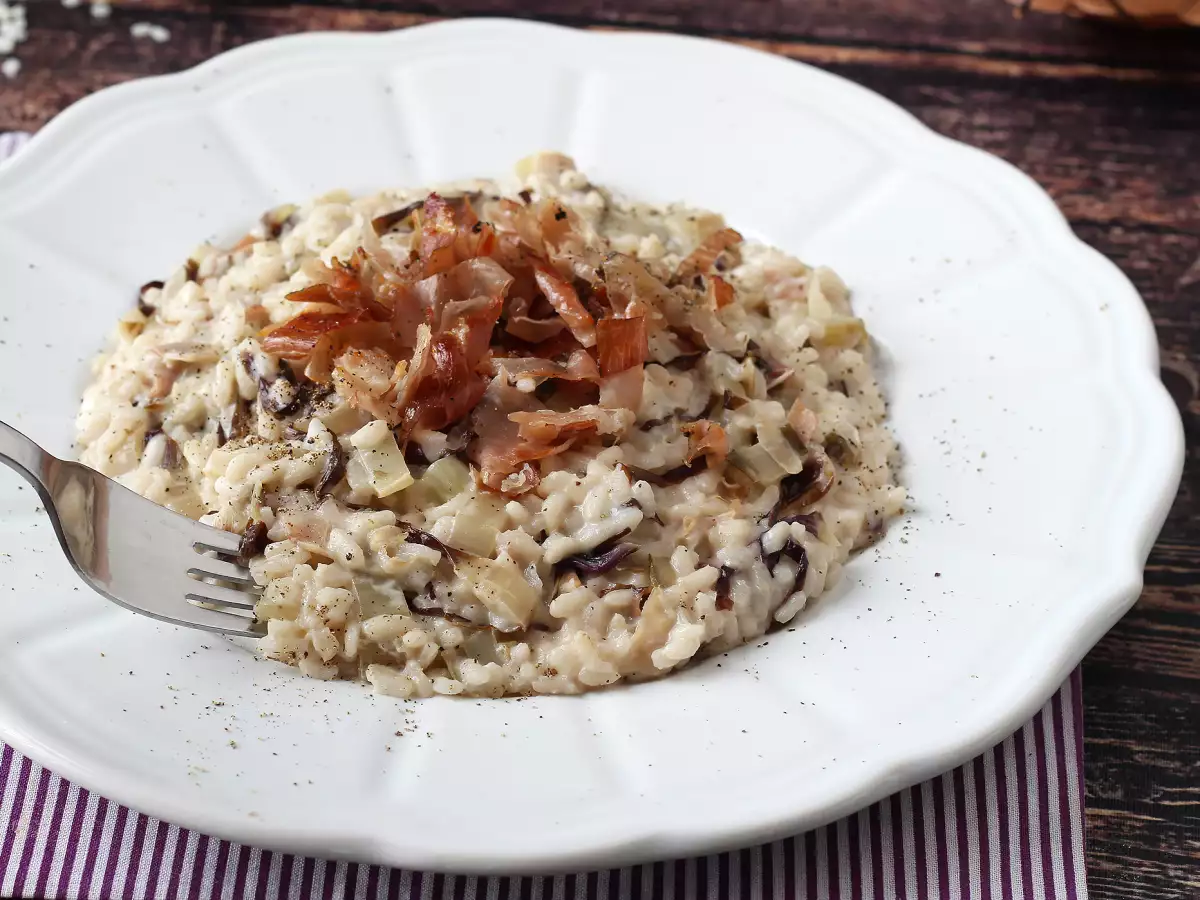 Romige, smaakvolle risotto met radicchio, speck en Philadelphia