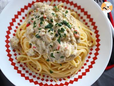 Spaghetti met aubergine carbonara