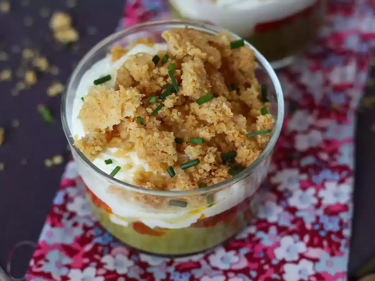 Vegetarische glaasjes: crème van erwtensoep, parmezaancrumble en mascarponecrème - foto 6